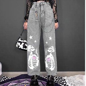 Skeleton Jeans High Waist Straight Leg Gray Washed Punk Grunge